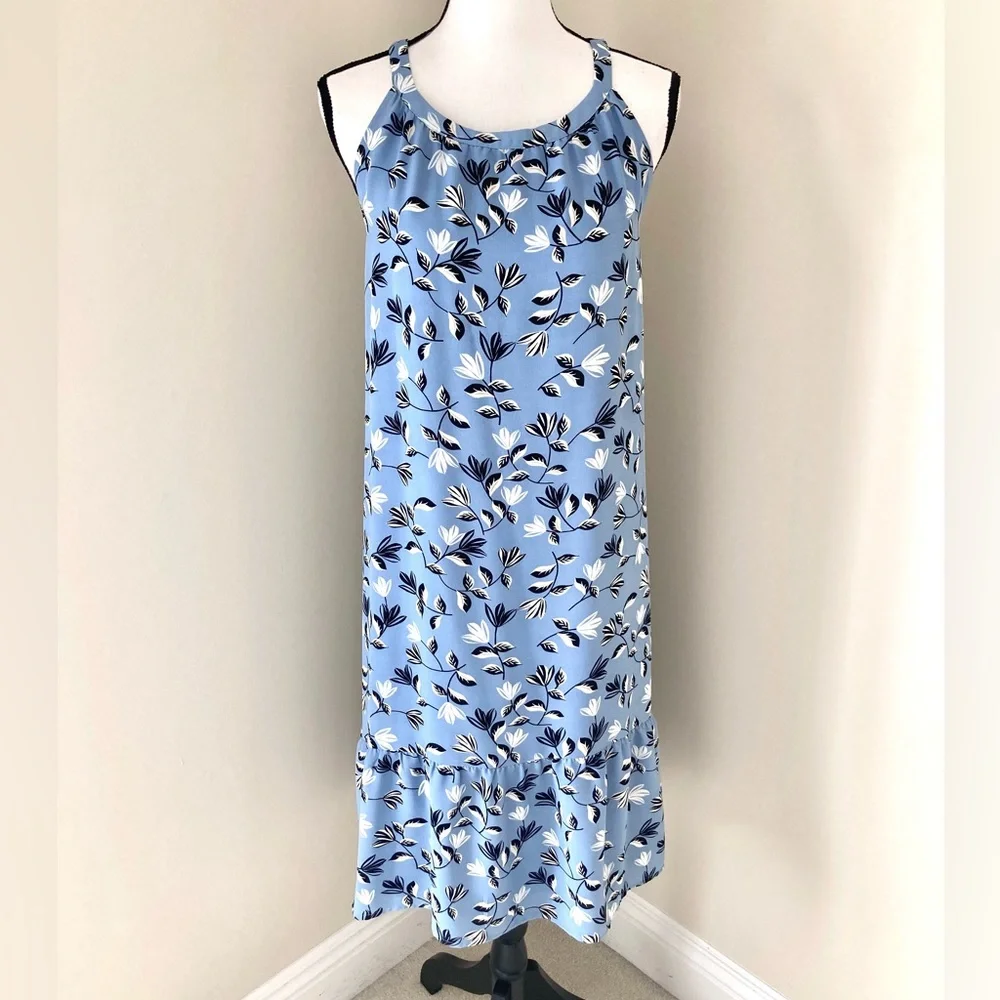J Jill Wearever Floral Blue Flounce Hem Dress Size M
